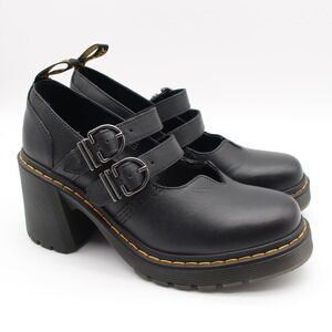 Dr Martens Eviee Heeled Shoes Womens Size 10 Black Sendal Leather Mary Jane